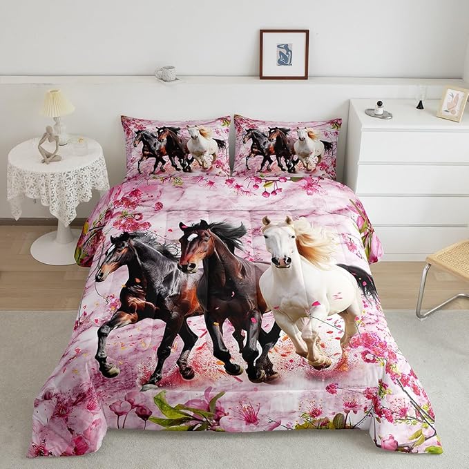 Feelyou Kids Horse Comforter Set Galloping Horse Bedding Set Toddler Size for Boys Girls Teens Bedroom Decor Cherry Blossoms Comforter Pink and White Duvet Set with 1 Pillow Case