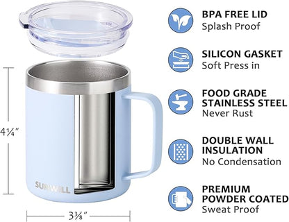 SUNWILL Insulated Coffee Mug with Lid, Travel Tumbler with Handle, 14 oz Stainless Steel Cup for Camping, Office, Home, Powder Coated Iceberg