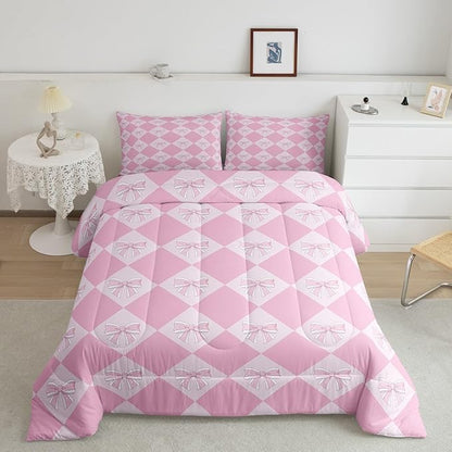 Erosebridal Kids Kawaii Bowknot Comforter Set King Fantasy Princess Bedding Comforter Sets for Kids Girls Teen Room Decor,Pink Girly Plaid Bedding Set Cute Bow Checkered Quilt Duvet 2 Pillow Cases