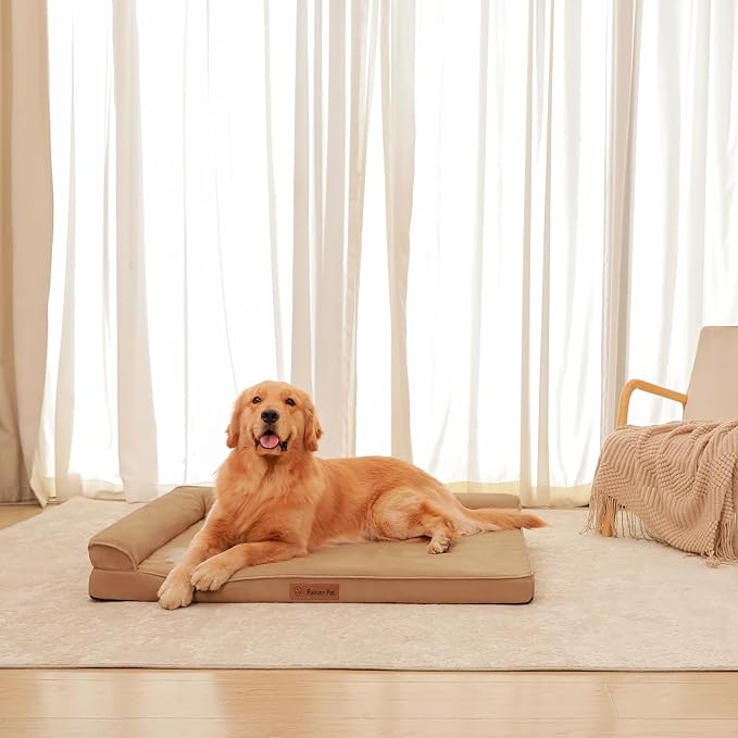 Orthopedic Dog Bed for Large Dogs, 44"x32"x6" Memory Foam Pet Bed with Washable Microsuede Cover, TPU Waterproof Liner & Nonskid Bottom, for Indoor, Outdoor, Crate ＆ Car Use, Khaki
