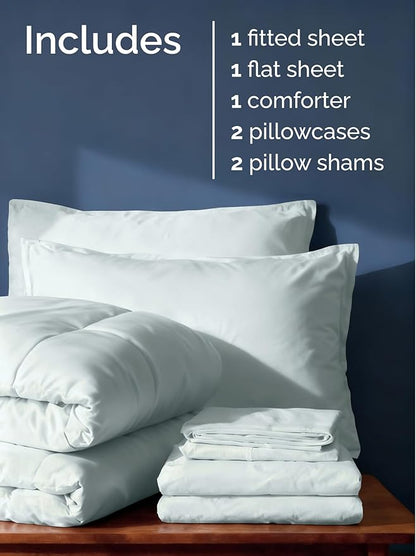 Full Comforter Set - 7 Piece Bed in a Bag Full Size Bed Set - Down Alternative Comforter, Flat Sheet, Fitted Sheet, Pillowcase & Shams for All Seasons - Ultra Soft, Cozy, Comfy & Breathable - Ice Blue