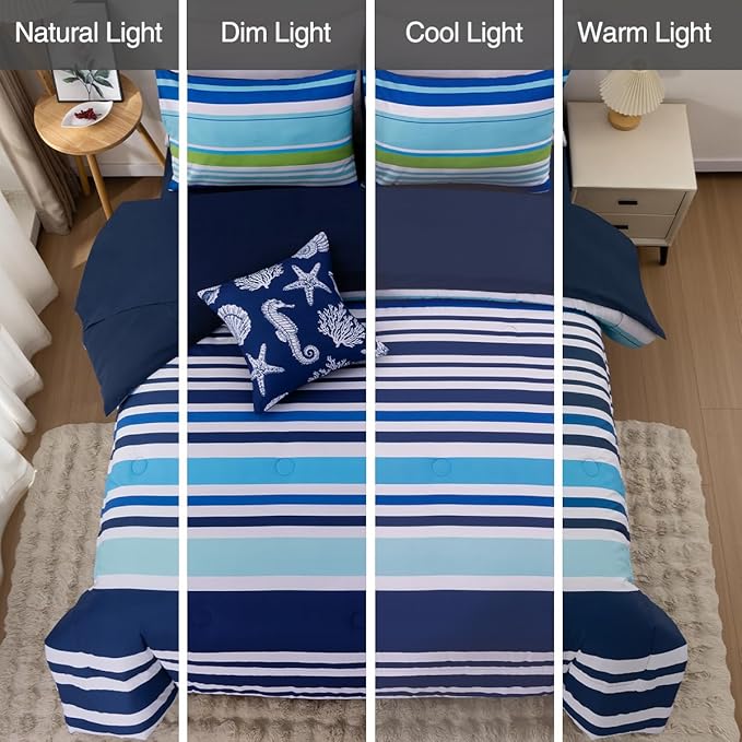 Holawakaka Beach Stripe Bedding Sets 6 Pieces, Navy Blue Coastal Striped Comforter Set King Size All Season Geometric Bed Set, Nautical Bed in a Bag with Comforter,Sheets and Shams