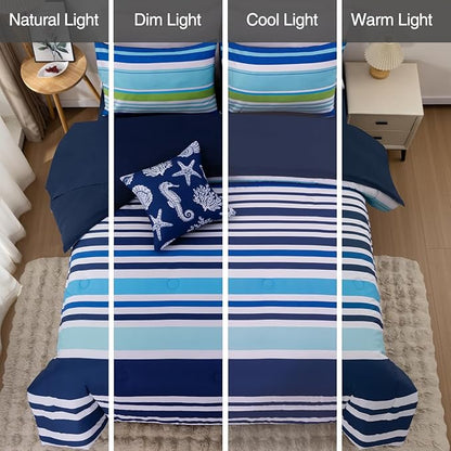 Holawakaka Beach Stripe Bedding Sets 6 Pieces, Navy Blue Coastal Striped Comforter Set King Size All Season Geometric Bed Set, Nautical Bed in a Bag with Comforter,Sheets and Shams