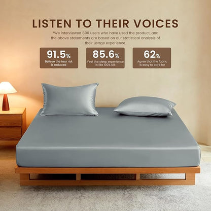 THXSILK Luxury Mulberry Silk Fitted Sheet Set 3 Pcs, King Silk Bed Sheet Set with 16" Deep Pockets, Soft & Cooling Sheets, 1 Fitted Sheet, 2 Pillowcases with Zipper Closure - Stone Blue