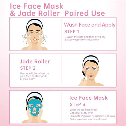 ZNÖCUETÖD Ice Face Facial Jade Roller and Ice Face Mask Cold Cooling Gel Mask Gift Set for Women Aging Wrinkles Lifting Firming Puffy Eyes, Eye Face Neck Roller Massager SPA Tools