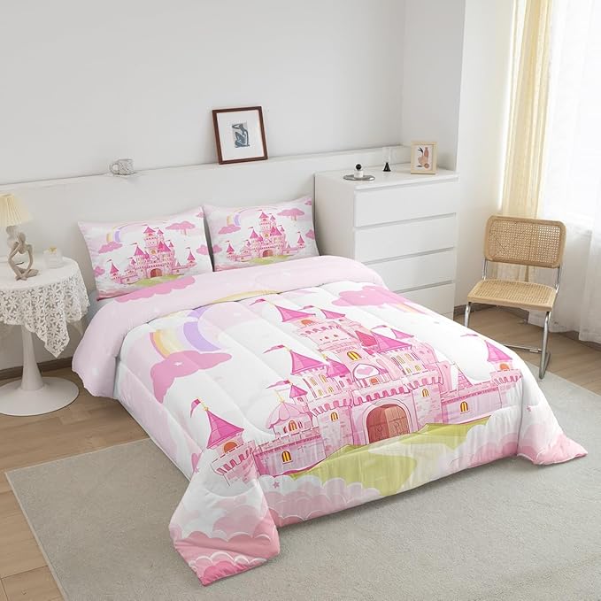 Feelyou Kids King Pink Castle Comforter Set Rainbow Castle Bedding Set Girls Princess Comforter Fairy Tales Duvet Set Girls Bed Set 3Pcs