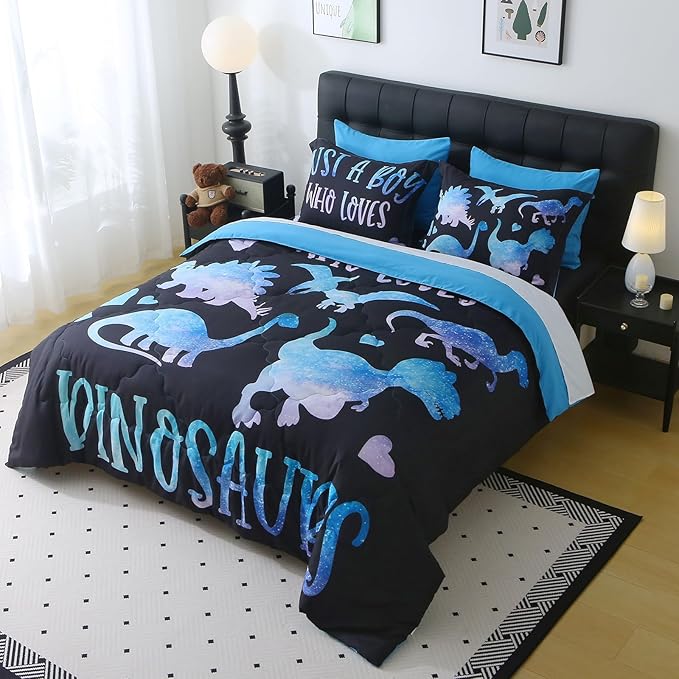 7 Piece Boys Dinosaur Comforter Set Queen Size Blue Dinonsaur Soft Microfiber Bed in A Bag with Comforter,Sheet Set,Pillowcase and Sham for Child Teens All Season