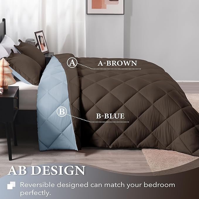 downluxe Queen Comforter Set - Brown and Blue Queen Comforter, Soft Bedding Sets for All Seasons -3 Pieces - 1 Comforter (88"x92") and 2 Pillow Shams(20"x26")