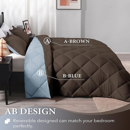downluxe Queen Comforter Set - Brown and Blue Queen Comforter, Soft Bedding Sets for All Seasons -3 Pieces - 1 Comforter (88"x92") and 2 Pillow Shams(20"x26")