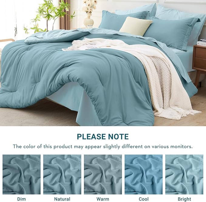 MUXHOMO 7 Pieces King Comforter Set, Soft Bed in a Bag King Size, All Season Bedding Set with Comforter, Flat Sheet, Fitted Sheet, Pillowcases & Shams, Mineral Blue & Light Blue