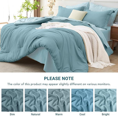 MUXHOMO 7 Pieces King Comforter Set, Soft Bed in a Bag King Size, All Season Bedding Set with Comforter, Flat Sheet, Fitted Sheet, Pillowcases & Shams, Mineral Blue & Light Blue
