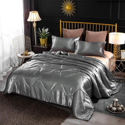 NTBED Silky Satin Comforter Set Queen Silver, Luxury Soft Microfiber Bedding Lightweight Sexy Wave Quilted Blanket Set with 2 Pillow Covers for Summer Spring Autumn