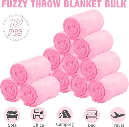 12 Pcs Fleece Blankets for Girls Sleepover Party Soft Fuzzy Throw Blanket 40 x 60 Inch Warm Flannel Blanket for Teenager Bed Travel SPA Movie Party(Pink)