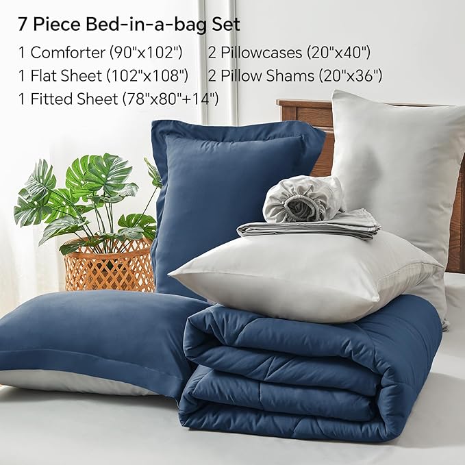 BEDELITE King Size Comforter Set 7 Pieces Bed in A Bag - Soft Microfiber Reversible Calm Blue Bed Set with Comforters, Sheets, Pillowcases & Shams, Cozy Luxury Bedding Sets for All Season