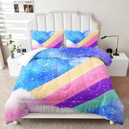 3 Piece Rainbow Full Size Comforter Set for Teen Girls Adults,Stars Soft Bedding Sets All Season,Blue Space Quilt Set Season Alternative Down Bedding with 2 Pillowcase