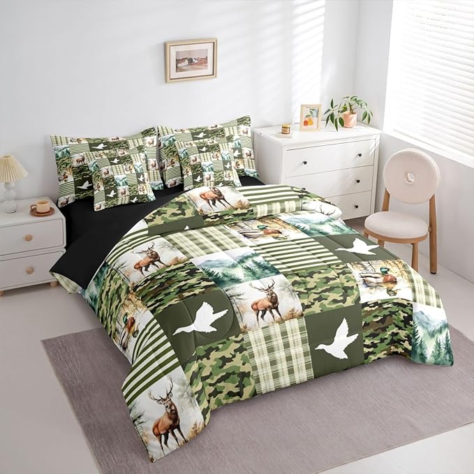Green Camo King Size Comforter Set with Sheets | Mallard Duck Camo Deer 7-Piece Bedding Set Mens Country Camouflage Bed in a Bag, Woodland Animals Farmhouse Bed Sets,Cabin Duck Hunting Decor