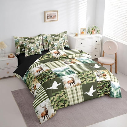 Green Camo King Size Comforter Set with Sheets | Mallard Duck Camo Deer 7-Piece Bedding Set Mens Country Camouflage Bed in a Bag, Woodland Animals Farmhouse Bed Sets,Cabin Duck Hunting Decor