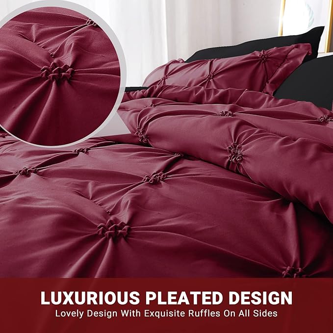 JOLLYVOGUE King Size Comforter Set 7 Pieces, Burgundy Bed in a Bag Comforter Set for Bedroom, Beddding Sets with Comforter, Sheets,Ruffled Shams & Pillowcases