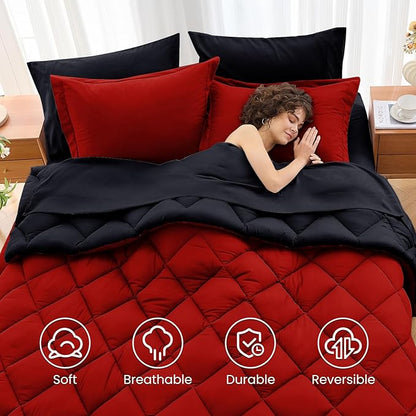 MUXHOMO 7 Pieces Oversized Queen Comforter Set, Reversible Bed in a Bag Oversized Queen Size, All Season Bedding Set with Comforter, Flat Sheet, Fitted Sheet, Pillowcases & Shams, Red & Black