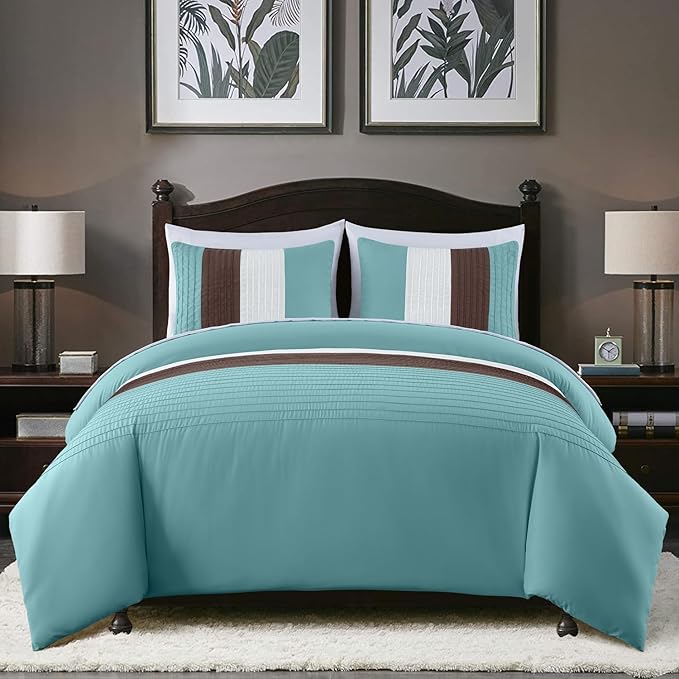 Chezmoi Collection Briar 7-Piece Full Bed in a Bag - All Season Lightweight Microfiber Comforter Set - Includes Sheets & Shams - Blue/Brown/Beige Pleated Stripe Design