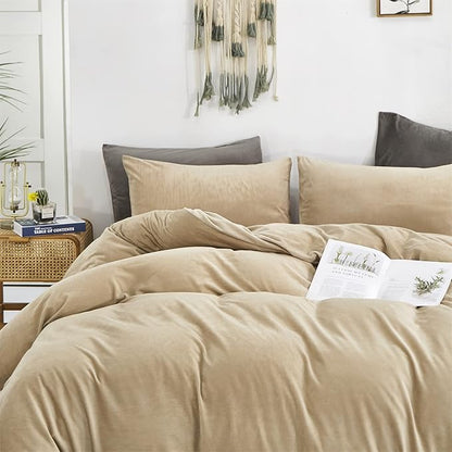 Luxlovery Cream Coffee Velvet Comforter Set King Beige Khaki Flannel Bedding Comforter Minimalist Bedding Set Solid Dark Champagne Blanket Quilts Heavyweight Winter Taupe Color Comforter for King Bed