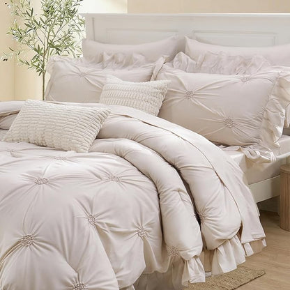 Bedbay Beige Ruffle Comforter Set Queen Size Ruched Bedding 9 Pcs Queen Bed in a Bag Pintuck Pinch Pleat Bedding Set Elegant Ruffle Farmhouse Boho Comforter Bed Set for All Seasons