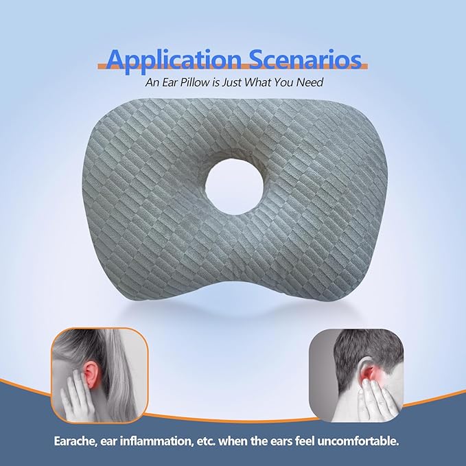 Ear Piercing Hole Pillows Side Sleeper Pillow with an Ear Hole for CNH Side Sleepers and Ear Inflammation Pressure Sores, Adjustable Cotton and Polyester Curved Side Pillow, Gray Skew Grid