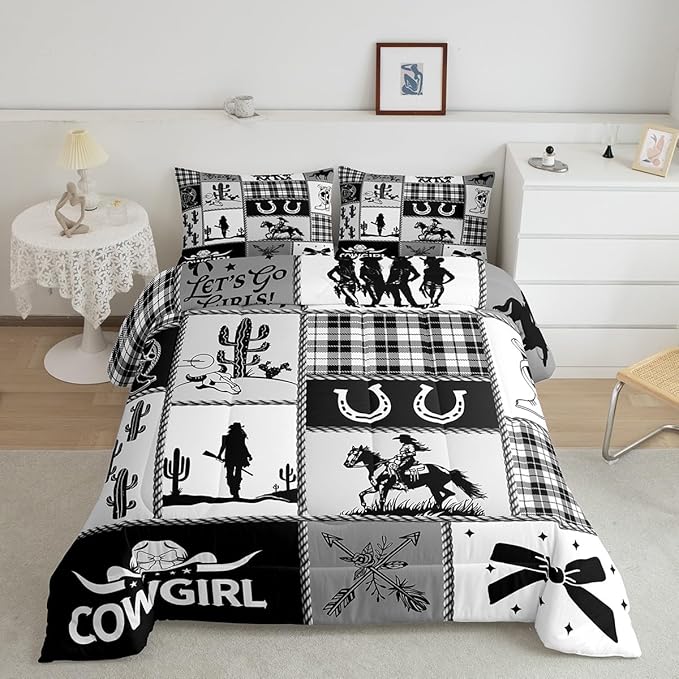 Western Cowgirl Girly Comforter Set Twin Size,Cactus Horseshoes Cow Skull Boot Rustic Bedding Set,Girls Women Room Decor,Bow Arrow Plaids Patchwork Down Comforter,Black Duvet Insert,1 Pillowcase