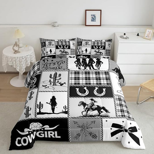 Western Cowgirl Girly Comforter Set Twin Size,Cactus Horseshoes Cow Skull Boot Rustic Bedding Set,Girls Women Room Decor,Bow Arrow Plaids Patchwork Down Comforter,Black Duvet Insert,1 Pillowcase