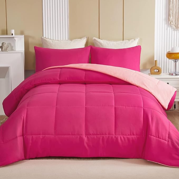 Exclusivo Mezcla Lightweight Reversible Twin Size Comforter Set, Down Alternative Comforter with 1 Pillow Sham, Twin Size Bedding Set for All Seasons, Hot Pink/Bright Pink