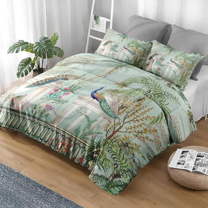 Comforter Set Full Size, Peacock Plant Bird 3 Pcs Soft Bedding Set for Kids and Adults, Floral Tree Green Comforter Set with 2 Pillowcases, for Bedroom Bed Decor