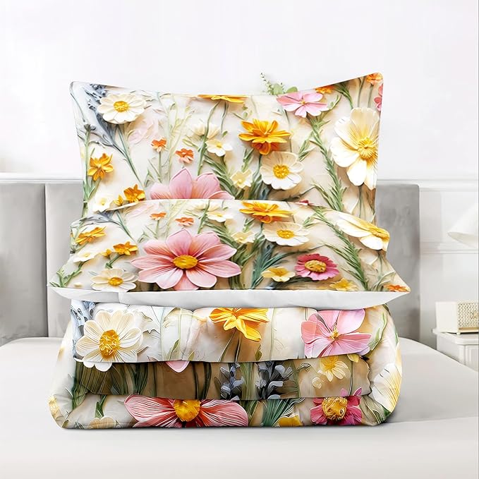 Raphus cucullatus Floral Comforter Set Queen Size,Pink Flower Bedding Set,Botanical Pretty Floral Quilt Queen Size for Modern Farmhouse Decor