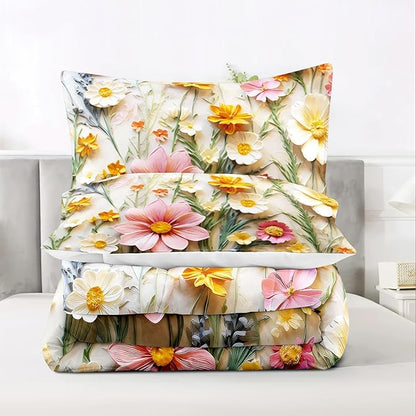 Raphus cucullatus Floral Comforter Set Queen Size,Pink Flower Bedding Set,Botanical Pretty Floral Quilt Queen Size for Modern Farmhouse Decor