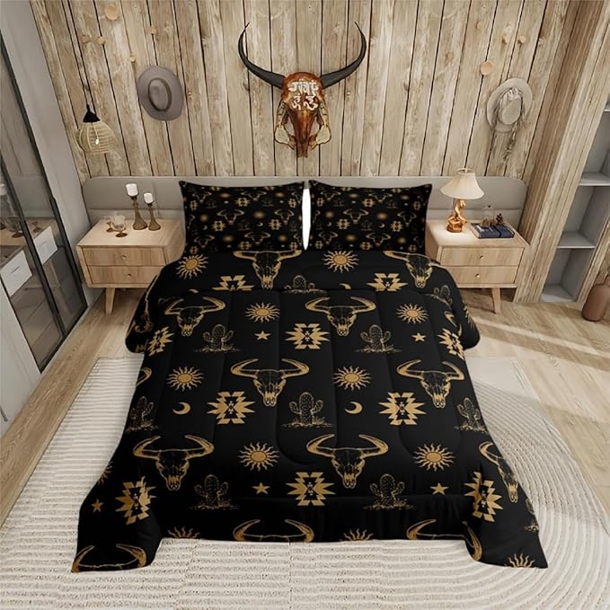 Erosebridal Western Bull Skull Comforter Set King Boho Aztec Cow Bedding Set Bohemian Cactus Star Moon Sun Bed Comforter for Kids Boys Men Cowboy,Brown Black Exotic Ethnic Tribal Quilt 3 Pcs