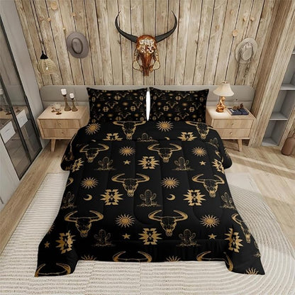 Erosebridal Western Bull Skull Comforter Set Full Boho Aztec Cow Bedding Set Bohemian Cactus Star Moon Sun Bed Comforter for Kids Boys Men Cowboy,Brown Black Exotic Ethnic Tribal Quilt 3 Pcs