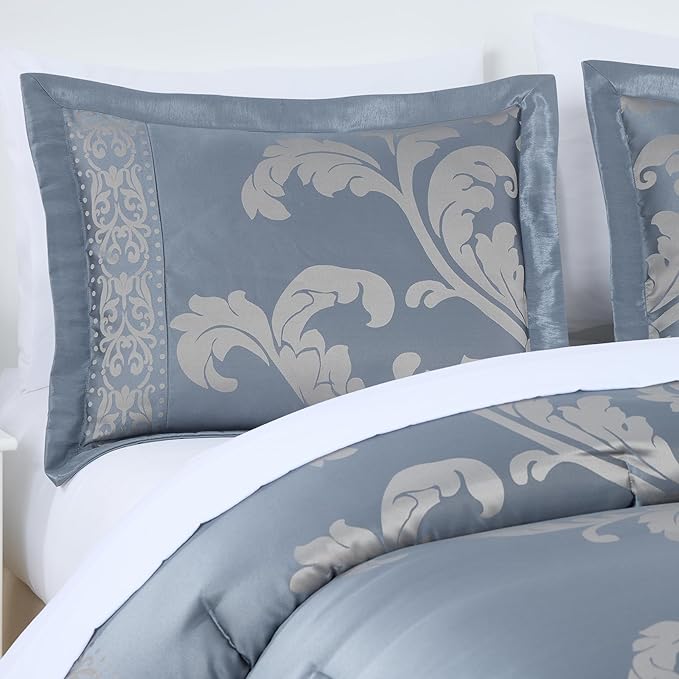 Chezmoi Collection Valor 7-Piece Queen Bed in a Bag, Grayish Blue/Gray Luxury Jacquard Floral Comforter with Sheets Set for All Season