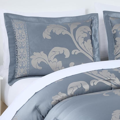 Chezmoi Collection Valor 7-Piece California King Bed in a Bag, Grayish Blue/Gray Luxury Jacquard Floral Comforter with Sheets Set for All Season