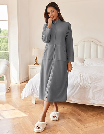 Ekouaer Women Zipper Robe Long Sleeves House Coat Soft Bathrobe Sleepwear with Pockets Housecoat Loungewear