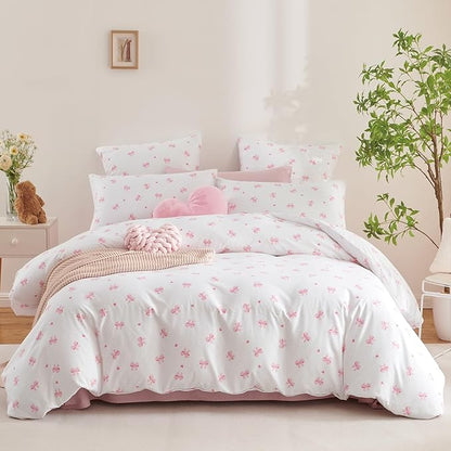 Nayoroom Pink Bow Comforter Set Full Size Heart Bowknot Printed Cute Comforter 3 Pieces Soft Lightweight Kids Girls Dorm Bedding Set for All Seasons
