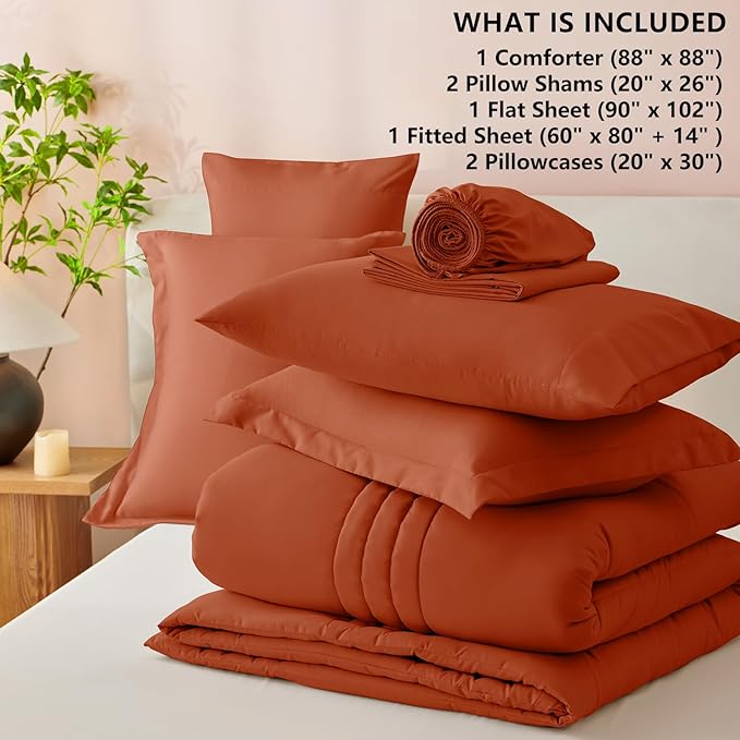 CozyLux Queen Size Comforter Sets - 7 Piece Bed in a Bag Terracotta Comforter Set with Sheets Queen Bed Set All Seasons, Bedding Set with Down Alternative Comforter, Sheets, Pillowcases & Shams