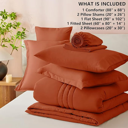 CozyLux Queen Size Comforter Sets - 7 Piece Bed in a Bag Terracotta Comforter Set with Sheets Queen Bed Set All Seasons, Bedding Set with Down Alternative Comforter, Sheets, Pillowcases & Shams