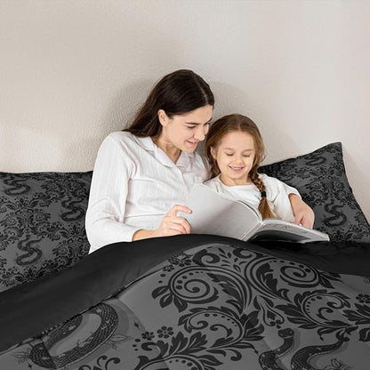 Feelyou Adults Gothic Bedding Set Soft for Boys Girls, Dark Olive Green Damask Comforter Set Twin Size Snake Duvet Quilt Microfiber Bedroom Decor 2 Pcs with 1 Pillow Cases