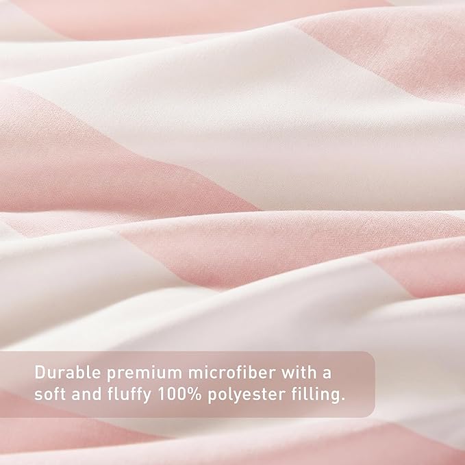 Reversible Striped Queen Comforter Set, Soft Microfiber Bedding Set with Double-Sided Stripes Design, Warm & Cozy for All-Seasons, 3-Piece Comforter and Shams Set Queen Size, Blush