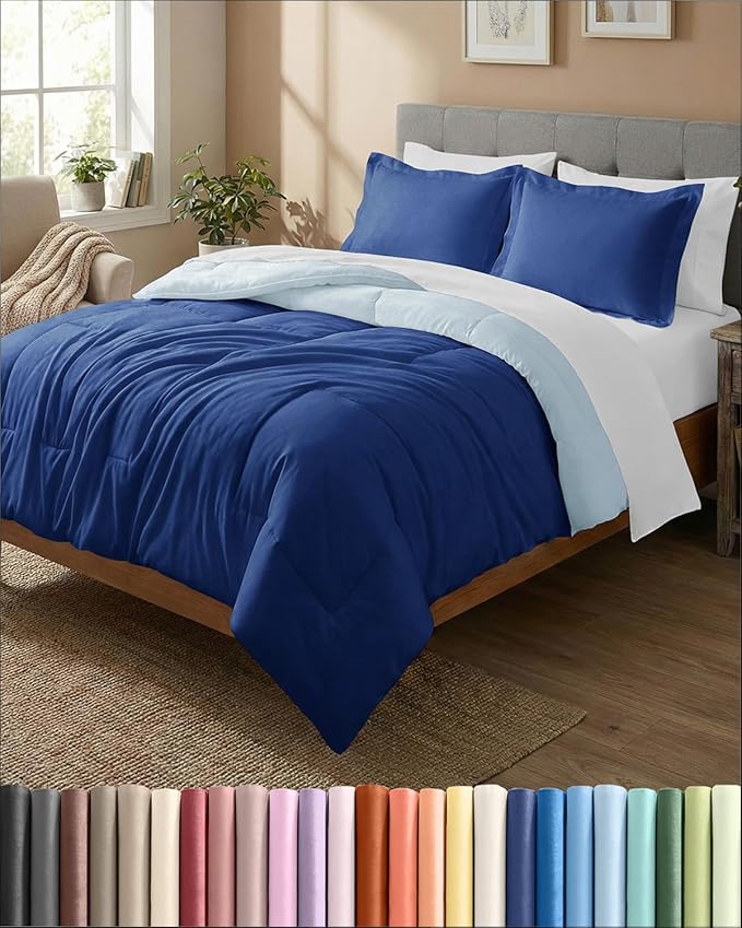 Queen Comforter Set - 3 Piece Bed Set for All Seasons - 1 Soft Quilted Comforter w/ Corner Tabs & 2 Pillow Shams - Comfy, Cozy & Breathable - Premium Down Duvet Insert - Queen Size, Navy Blue/Sky Blue