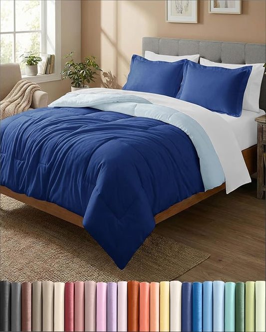 Queen Comforter Set - 3 Piece Bed Set for All Seasons - 1 Soft Quilted Comforter w/ Corner Tabs & 2 Pillow Shams - Comfy, Cozy & Breathable - Premium Down Duvet Insert - Queen Size, Navy Blue/Sky Blue