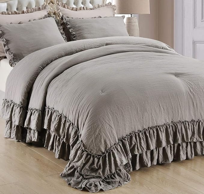 QSH Shabby Grey Ruffled Chic Comforter Queen Size, Farmhouse Boho Bedding Comforter Sets, 3 Pieces All Season Microfiber Inner Fill Bedding, Ultra Soft Lightweight Comforter Queen for Bed