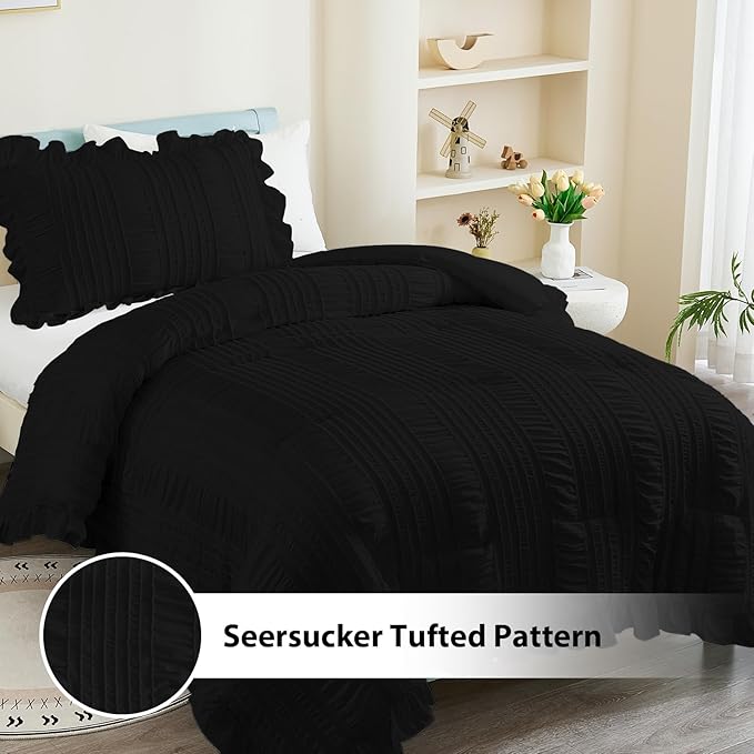 WONGS BEDDING Comforter Full Size, Black Ruffle Comforter for Dorm Room Essentials for Full Bed, Soft Seersucker Textured Bedding Set Full Size Comforter Sets for Girls 90"×78"