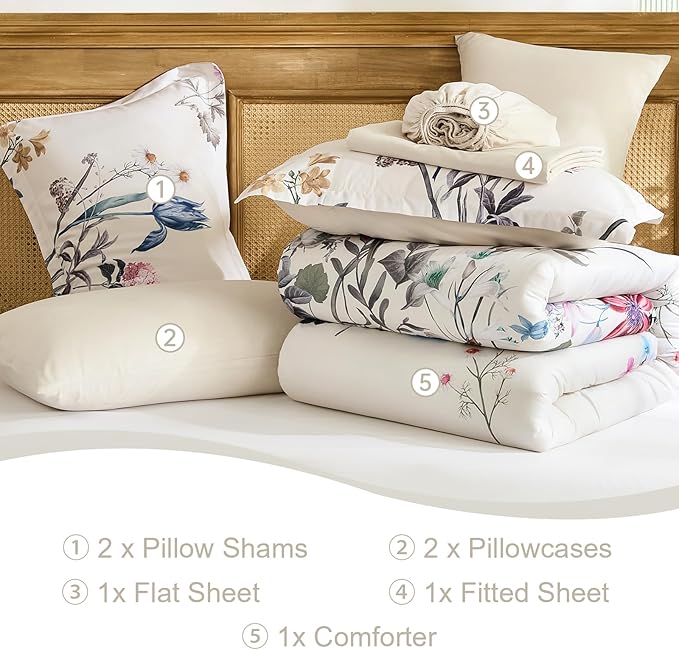 WONGS BEDDING Floral Comforter Set Queen, 7 Piece Beige Bed in a Bag Bedding Set with Botanical Flowers Patterns, Soft Lightweight Complete Comforters with Sheets for All Season