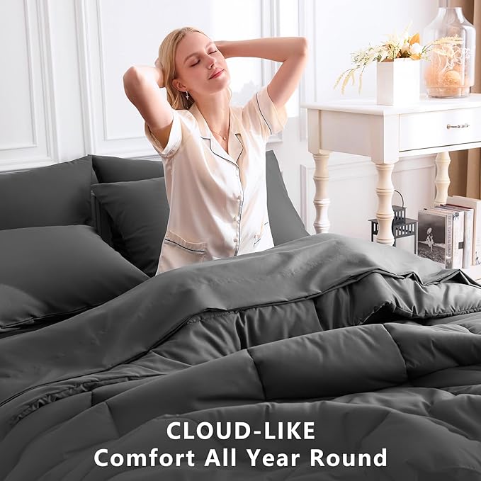 CozyLux Twin XL Comforter Set Dark Grey, 5 Pieces Twin Extra Long Bed in a Bag for College Dorm, All Season Bedding Set with Stitch Quilted Comforter, Flat Sheet, Fitted Sheet, Pillowcases