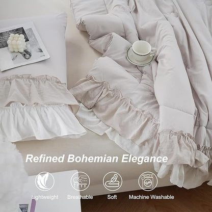 Boho Comfrter Set King Size Beige Bedding Set Shabby Chic Down Comforter 2 Layers Ruffles Home Decor Farmhouse Quilt Set Ultra Soft Microfiber White Cream Bohemian Bed Set for Girls Women